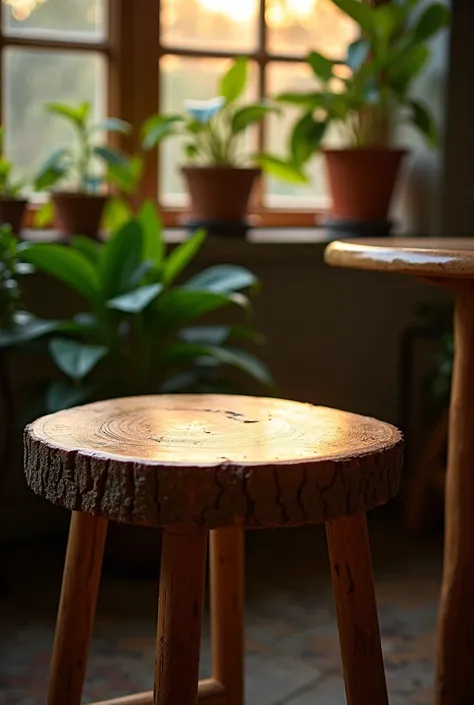 Help me create a round wood（There is bark ） On a chair at dusk in the room there are plants in the room