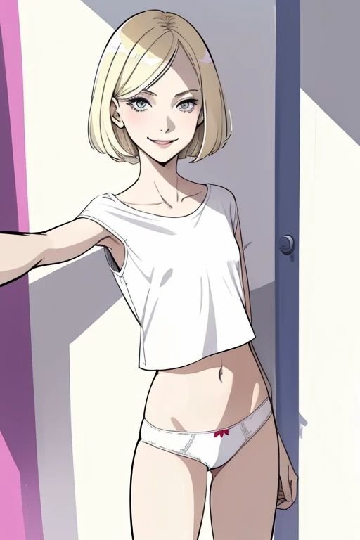 (superplano,  flat shading , flat colors:1.1), 2 s, young teenager, student, thin,  small breasts ,  blonde hair , ( tanned skin :0.5), pale skin,  short white blouse, ( white panties ), to smile, Selfie, Changing room, bright sunlight,  best shadows , wat...