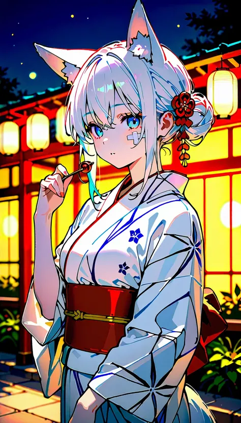    kitsune girl in red and white yukata,  white hair bandage on the eyes,  tied in a bun , fox white ears .