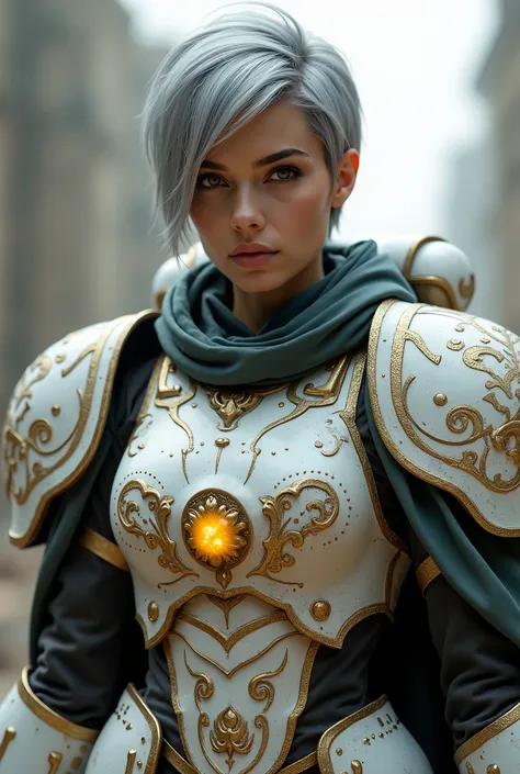 Warhammer 40000, Adeptus Sororitas, short gray hair, pixie hairstyle, white power armor with a golden pattern, Persian appearance, glowing eyes, magic, Gal Gadot.