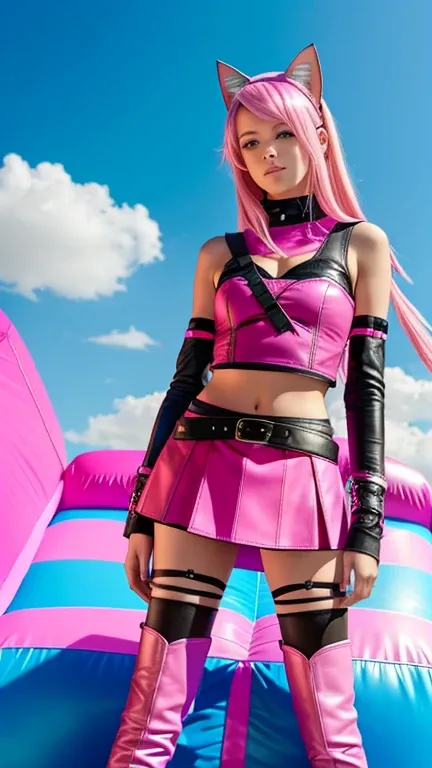  teenager with pink hair ,  slim model , pink leather korsett , tüll skirt pink ,  leather arm warmers blue,  knee-high leather boots, Cat ears, bouncy castle, kniend 
