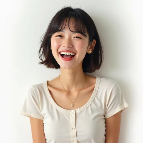  young adult Japanese woman,　Latest Fashion,　 white background 、 short hair、 straight hair、Lean against the wall and laugh out loud