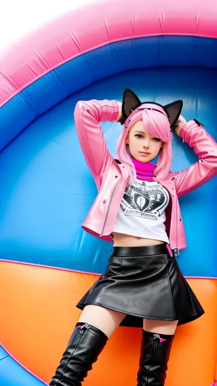  teenager with pink hair ,  slim model , pink leather unterbrustkorsett , tüll skirt pink ,  leather arm warmers blue,  knee-high leather boots, Cat ears, bouncy castle, rope in hand, sitzt auf ballon