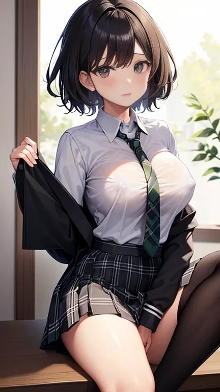 ｛ school uniform, long sleeve shirt ,and dark green plaid tie ｝, { best quality}, { very sophisticated}, { super detailed}, { best illustration }, black hair,  nudes,  girl  , bondage , cute short haired high school  girl  dark green plaid tie , ｛｛｛ on all...