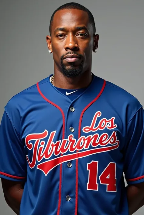 Generate an image of rapper Diddy wearing the shirt of the Venezuelan baseball team Los Tiburones de la Guaira 