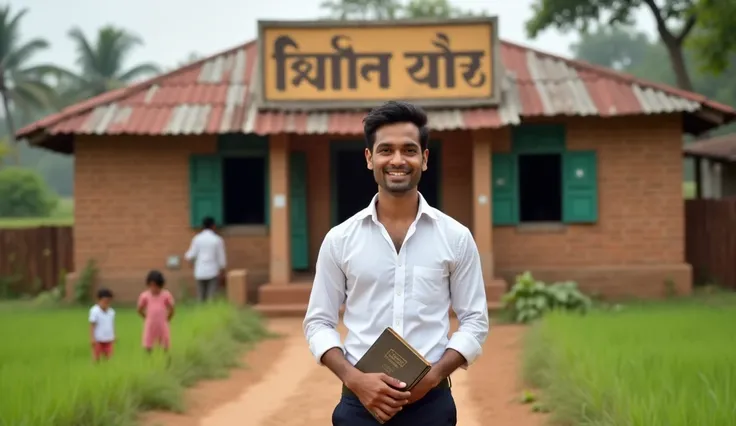 **Prompt:**  
"A rustic village school building with the name जीवन पाठशाला written in bold, traditional Hindi letters on a simple signboard above the entrance. The school is built with earthy-colored bricks and has a tin or tiled roof, blending with the ru...