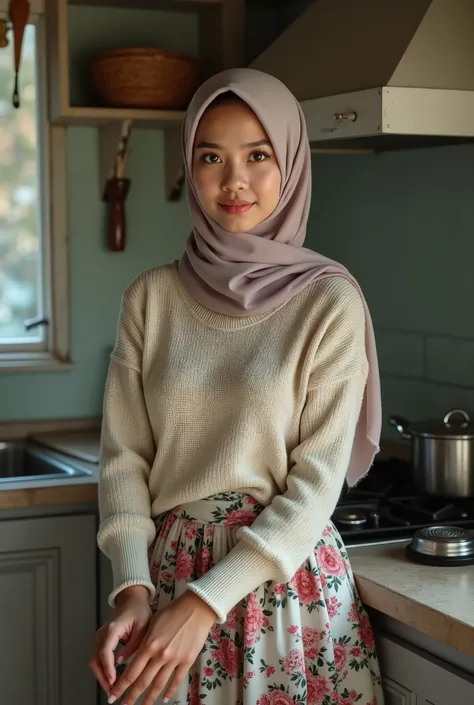 Best quality, masterpiece, realistic, photography. A 20 years old Indonesian man wearing knitted sweater, floral maxi skirt, and hijab  cleaning the kitchen. Cute face, light makeup, detailed face features, detailed clothing, facing straight to the camera.