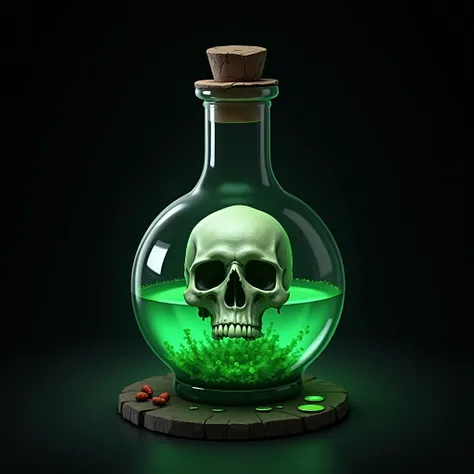 a potion with a skull inside, poison, glowing green liquid, black background, simple background, game icon, (best quality,4k,8k,highres,masterpiece:1.2),ultra-detailed,(realistic,photorealistic,photo-realistic:1.37),studio lighting,extreme detail descripti...