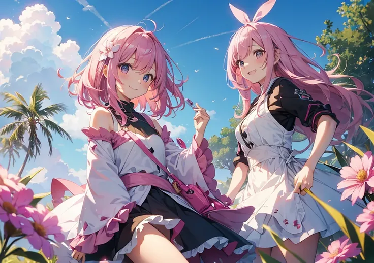 A scene of a beautiful pink-haired girl playing with her friends using magical toys. Her fluffy hair is blowing in the wind, her bright smile is shining, and colorful magical flowers are blooming behind her