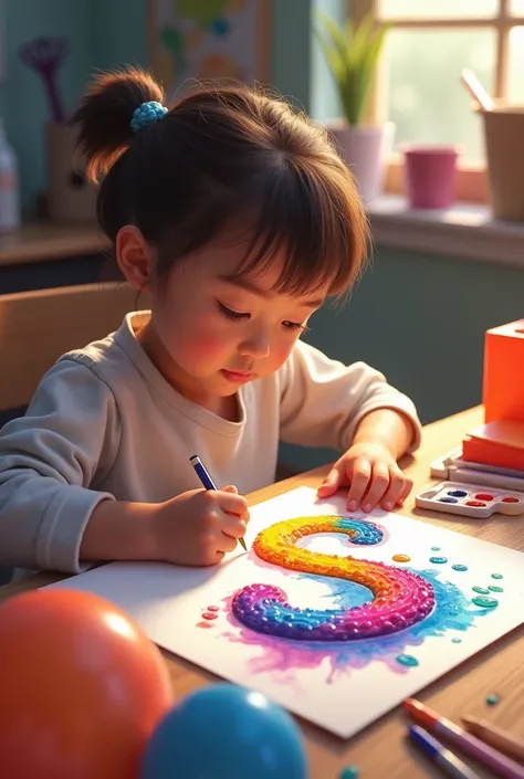 Generate a image that a student tracing a letter s on a balloon with cotton buds and watercolour 