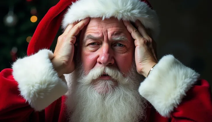 an ultra realistic close-up image of Santa Claus with his hands on his head, looking desperate and worried