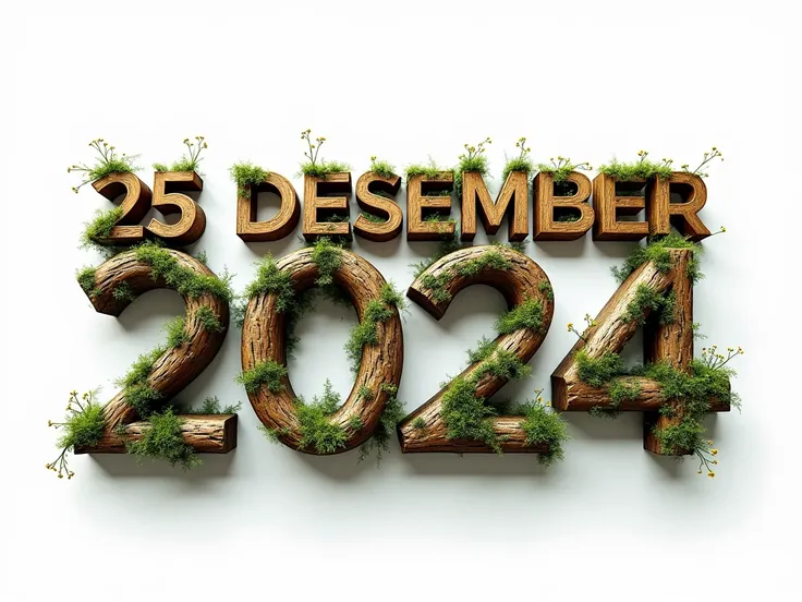 typography creative nature twisted text style, text "25 Desember 2024" capital letters, all in one row, visible from distance, wooden material covered with some moss and some flowers. stand like tree trunk. white background.