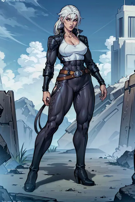 digital anime art, highly detailed, reference sheet, angled view, standing pose, legs spread apart, mature woman, adult female, bald, heavy muscular feminine features, bulky muscular figure, six-pack abs, whole body, form-fitting, Killer Frost (DC Comics) ...