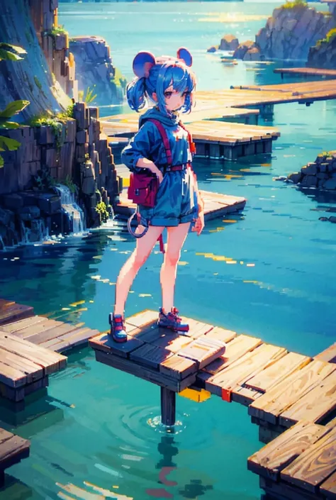 pixel art, mouse girl, standing on the water, looking at the viewer, hands behind back,