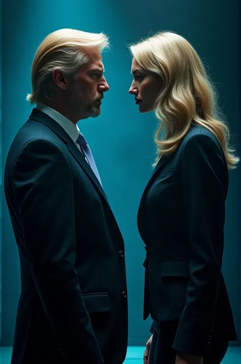  Image of a blonde woman next to a blond man and millionaire, as if they were enemies . Dark tones and blue lights  