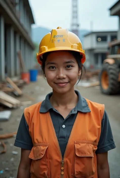 Best quality, masterpiece, realistic, photography. A 30 years old Indonesian woman wearing construction worker clothes and safety helmet working in construction site. No makeup, no accessory, short cropped hair, detailed face features, detailed clothing, f...