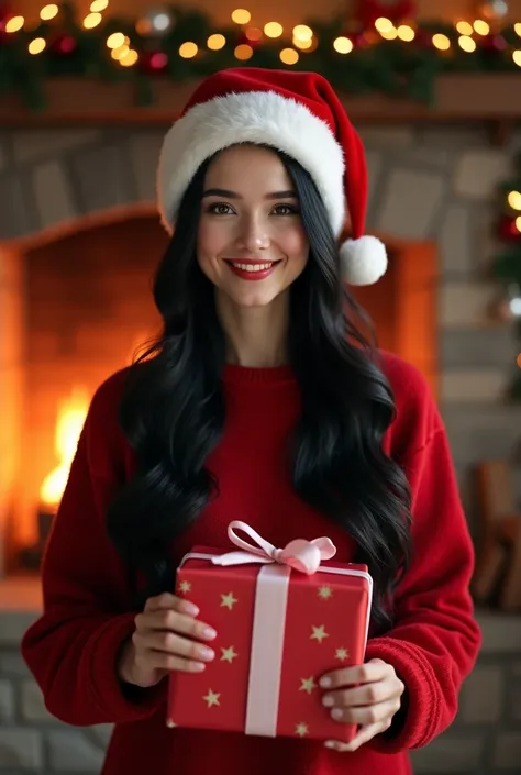 (photorealism:1.2), beautiful woman,  high image quality、live-action、reality、 long black hair、A 167-centimeter 30-year-old woman、 moving、 looking at camera、 vibes、 best smile 、 skin is clear white、 Christmas、Santas hat、Inside the house、In front of the fire...