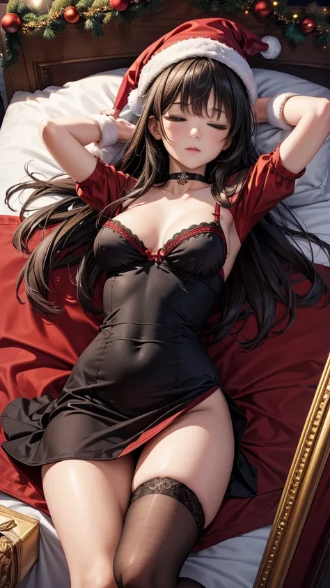   masterpiece,   better quality ,  High resolution,   extremely detailed face , Detailed CG,  a girl;  lying in bed,  Seen from above,  Mirando al espectador,   long black hair ,  eyes closed, black eyes,   Christmas hat ,  choker :1.6,  short Christmas dr...