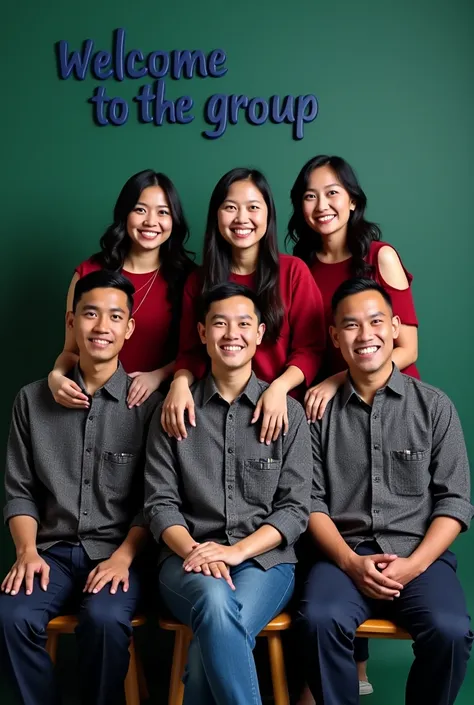 1. background:
 The background of this photo is a plain dark green ,  gives a warm and natural impression . In the upper left corner is the text  " welcome to the group " with 3D embossed letters in blue.


2. Photo Subject :
 This photo features 3 Indones...