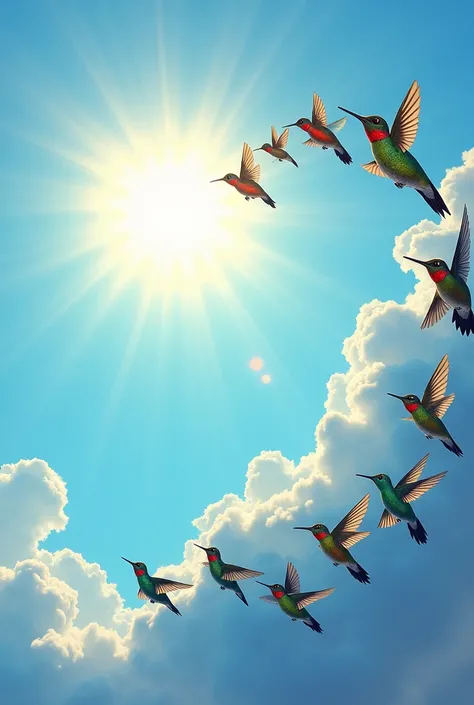 Hummingbirds flying towards the Sun