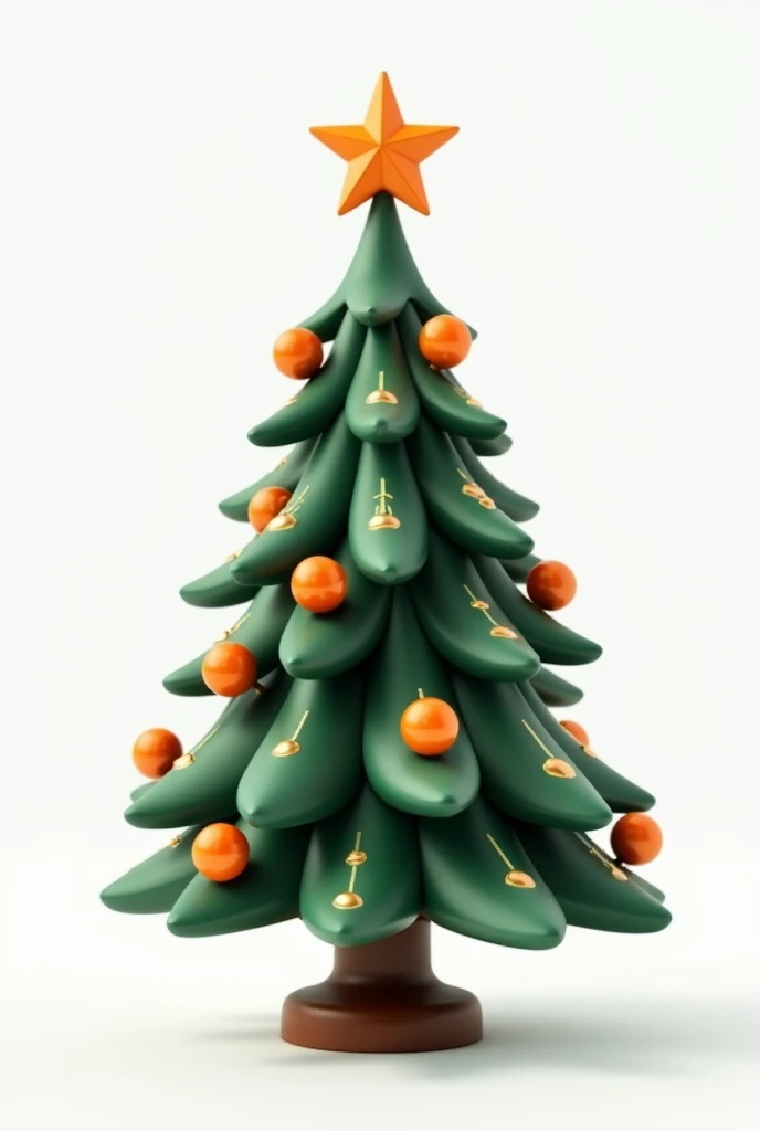 3D small Christmas tree with dark green warm color and smooth glossy texture. There are orange transparent glass balls on the Christmas tree. Centered shot, medium shot. White background. Feeling of comfort, warmth and softness
