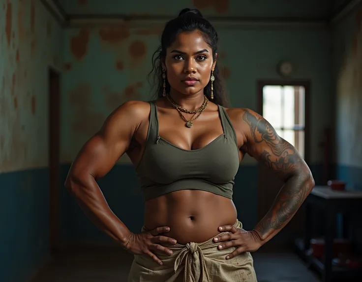 30 year Kerala beautiful heavy muscular danger woman pt teacherwith heavy muscular arms and biceps wearing cotton salwaar suit at sports room with heavy shredded muscular biceps and triceps with viens