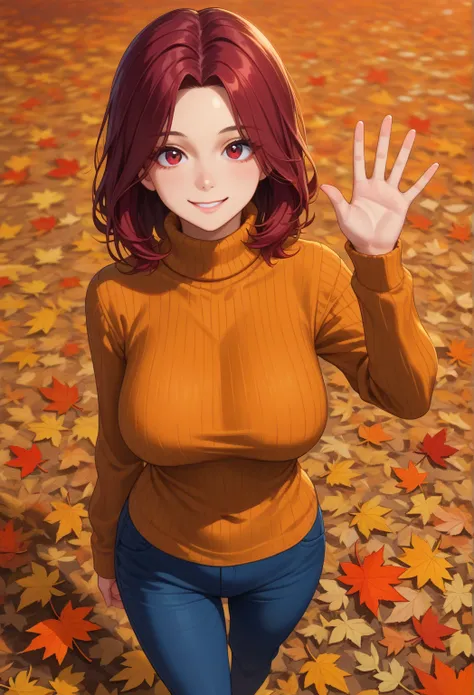 score_9, score_8_above, score_7_above,  1 , autumn, autumn leaves, large breasts, leaf,  leaf bottom ,  long sleeves ,  looking at the viewer, medium hair,  Shoulder off, orange background,  red eyes ,   dark red hair ,  ribbed sweater , skirt, to smile, A...