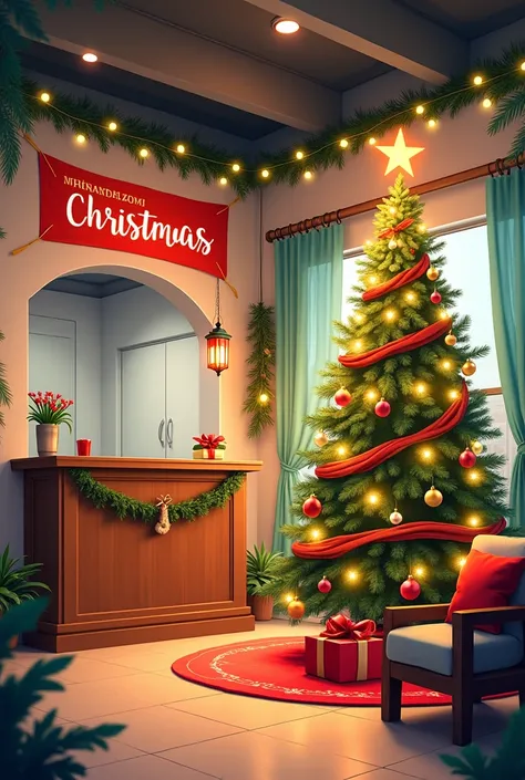 Create an illustration of Phong Kham Da Khoa Tay An celebrating Christmas in a warm and modern setting. The scene features a beautifully decorated Christmas tree with glowing fairy lights, ornaments, and a star on top. The clinics waiting area is cozy and ...