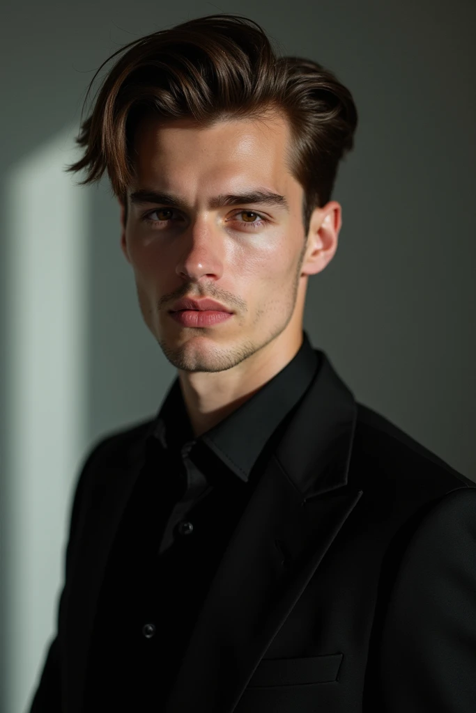 A young brown-haired man in a black suit with pink lips 