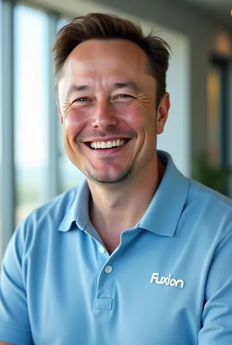 Elon Musk looking straight ahead smiling with a light blue polo shirt and has the word FUXION written on his chest 