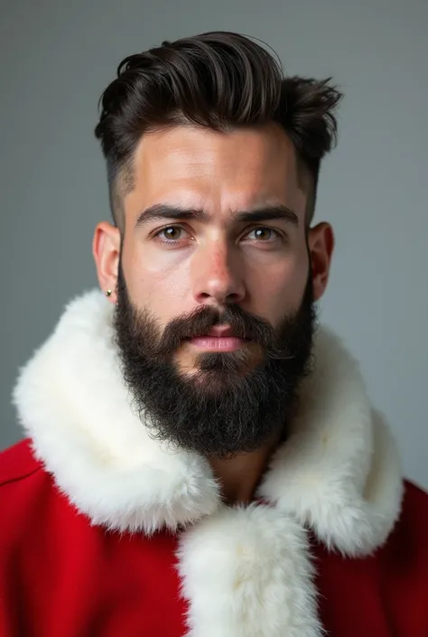 A man with short dark brown hair, with very short faded sides, a well-groomed, full medium beard. The man is wearing santa claus modern clothes.