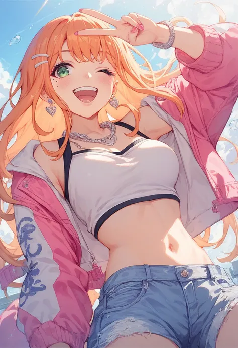 Sumika Shiun, 1girl, solo, long hair,medium breasts, looking at viewer, blush, smile, open mouth, orange hair, navel, jewelry, green eyes, earrings, open clothes, teeth, one eye closed, midriff, necklace, orange hair, open jacket, bracelet, crop top, mole ...