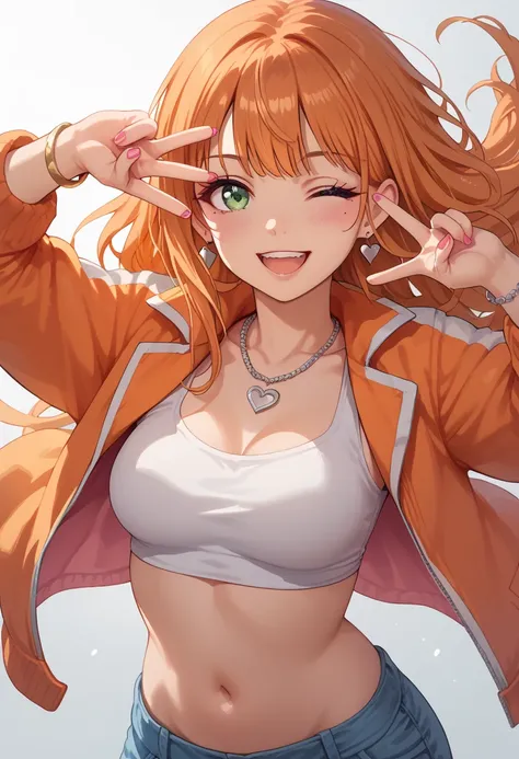 Sumika Shiun, 1girl, solo, long hair,medium breasts, looking at viewer, blush, smile, open mouth, orange hair, navel, jewelry, green eyes, earrings, open clothes, teeth, one eye closed, midriff, necklace, orange hair, open jacket, bracelet, crop top, mole ...