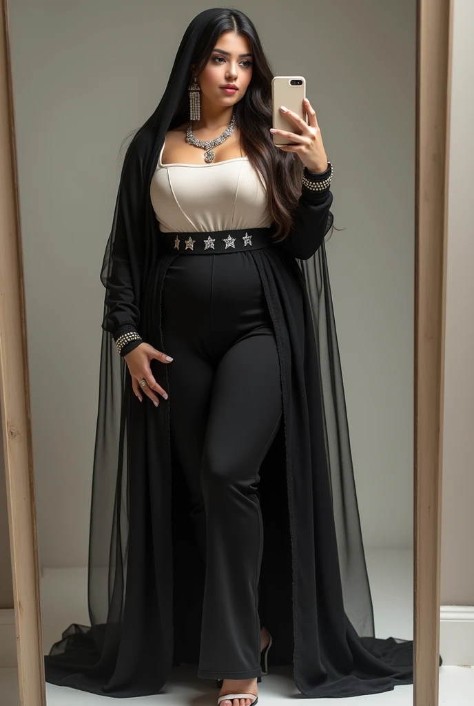 
Fair skin bimbo arabian young muslimah kim Kardashian busty booty slim thick voluptuous curvy flaunts curves in star crescent print light hoodie full muslimah black abaya dress .head covered and shoulder draped by long muslimah black sheer scarf. he wear ...