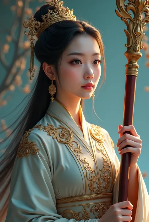 a close up of a woman in a costume holding a staff, astri lohne, heise jinyao, beautiful celestial mage, xianxia hero, female mage!, inspired by Ju Lian, epic mage girl character, kda, ((a beautiful fantasy empress)), female mage, masterpiece goddess of so...