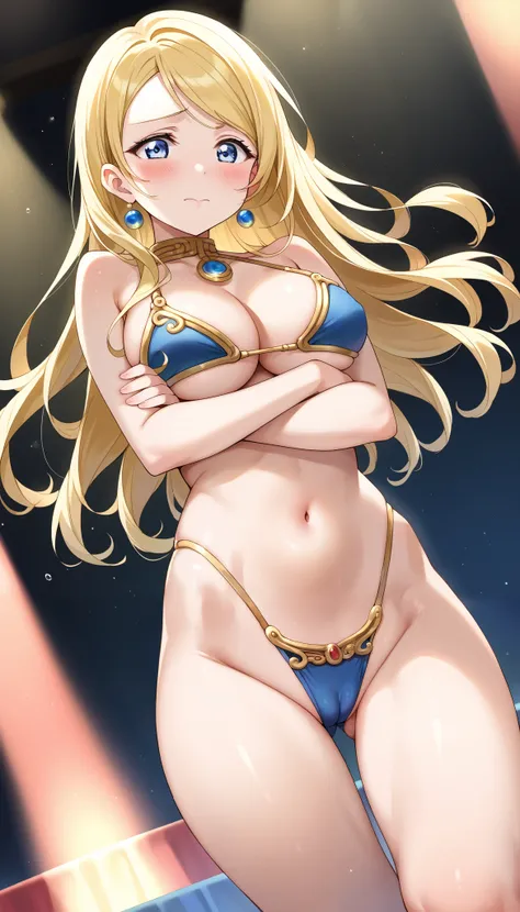 score_9, score_8_up, score_7_up, source_anime BREAK 1girl, solo, lovelive_eli,  blonde hair, long hair, swept bangs, (straight hair:1.3), blue eyes, (cleavage), (large breasted:1.1), bare_shoulders, (barearms), barelegs, [Bikini over clothes:blue Slave Lei...