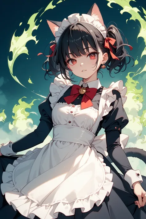 catboy with red eyes black hair surounded by green fire in a maid dress