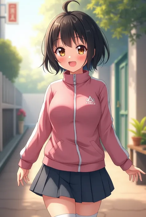 cute, girl, , 6th elementary school student, black hair, Bob- Half up-short ponytail, school track suit, white knee-high socks, big bust, (((shiny skin))), blush, smile