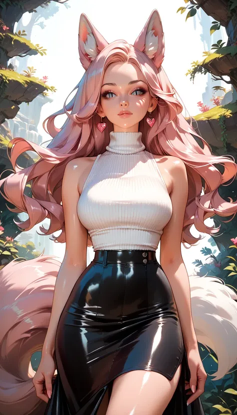  top quality ,incredibly absurdres,Beautiful face, beautiful faces, shiny skin,Big wolf ears（Light pink）,big wolf tail（Light pink）, Tall,woman,Older sister,（Make-up face）, sleeveless turtleneck sweater, slit skirt