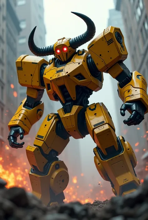 Yellow robot with bull horns ,  black details with red eyes and holes in the middle of combat