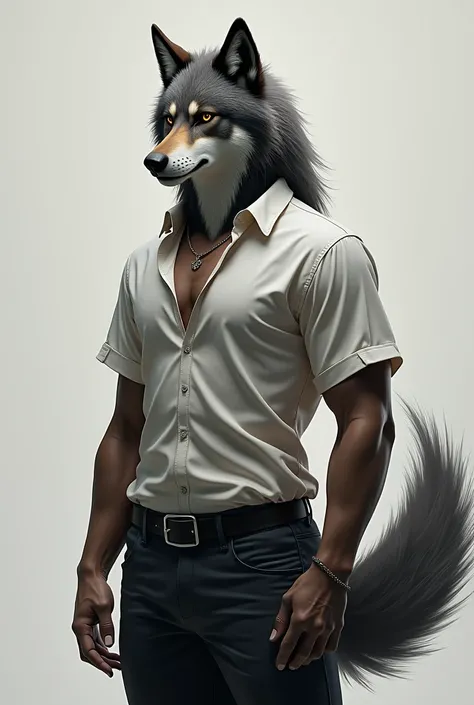 A male with wolf ears and tail, wear a shirt 