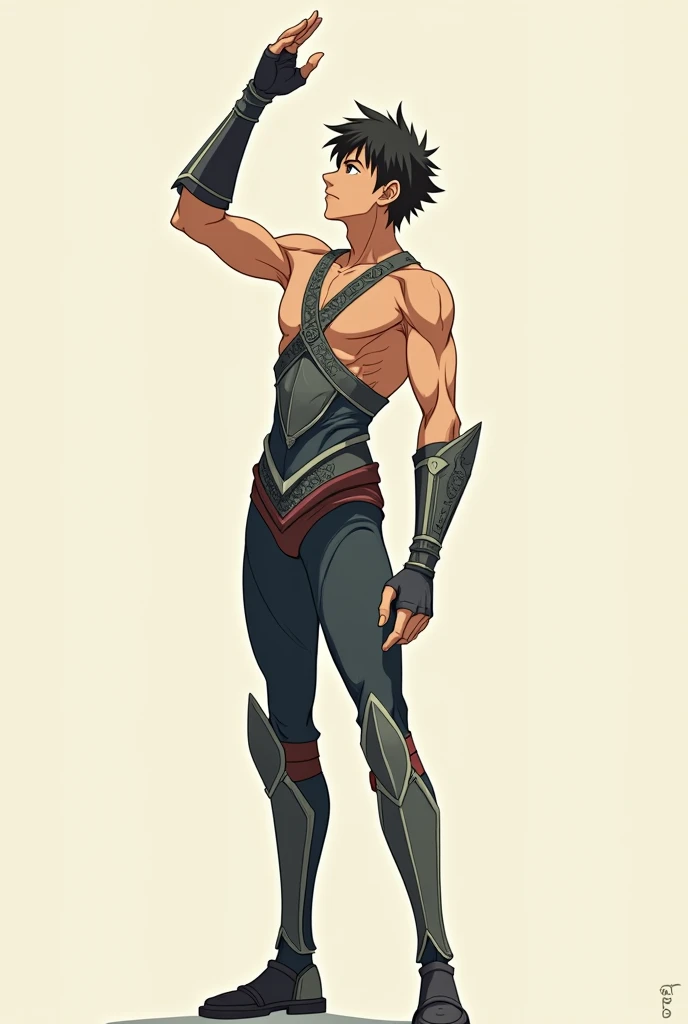 Anime guy warrior wearing minimalist armor and. Reaches upward with his hand. long legs. Make a full body portrait. Long shot