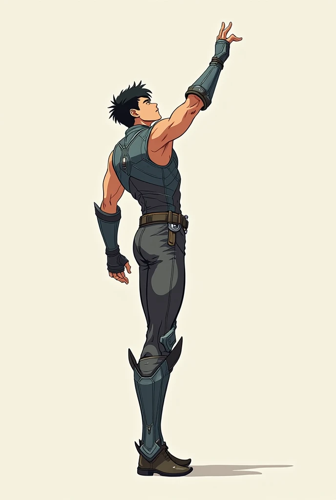 Anime guy warrior wearing minimalist armor and. Reaches upward with his hand. long legs. Make a full body portrait. Long shot