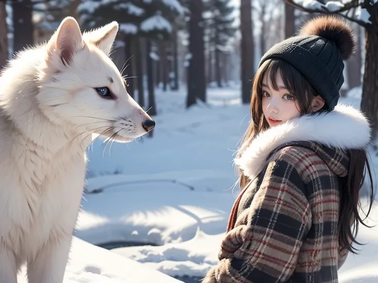  1 girl，In the Snow、ferret-fur coat、Very cold、There is a wild wolf on the side、