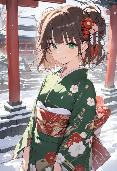 masterpiece,  best quality,  One girl , Alone,  girl、Petite、 small tits、 small breasts、 brown hair ,  medium hairstyle、 green eyes、 Cute kimono,  emphasizes cleavage、 smile,, Idol、 a lot of hearts、New Year、shrine、Visit to a shrine