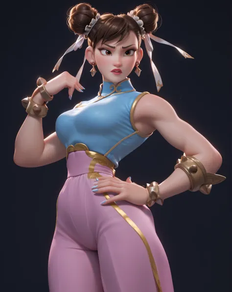 
A Disney & Pixar 3D rendered scene showcasing Chun-Li, designed with a whimsical and fantastical Disney/Pixar-inspired aesthetic