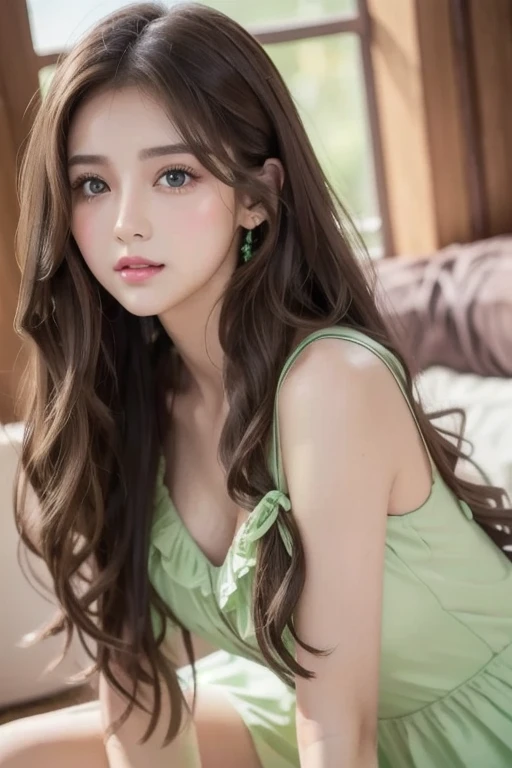 Wavy long hair, Brown Hair,  One girl ,  Emerald Eyes ,  pink lips, Pastel Green Dress,