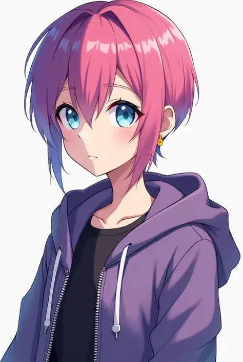 Skinny body type.Young man .  short haircut with gradation from top to pink to purple downwards. Eyes are sharp, blue eyes .  wears a yellow earring on her left ear . white shirt.  purple hoodie zip-up . Black Mock Tee . Animation style
