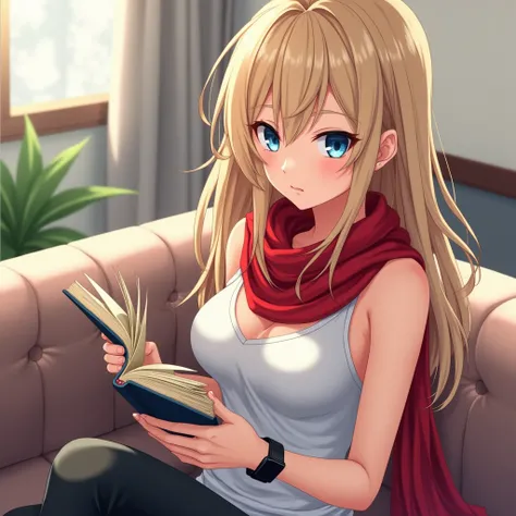 anime girl, blue eyes, long blonde hair, side-swept bangs, white form-fitting tank top, jeans, black arm watch, muscular arms, wearing red scarf, anime girl, sitting in sofa, reading a book