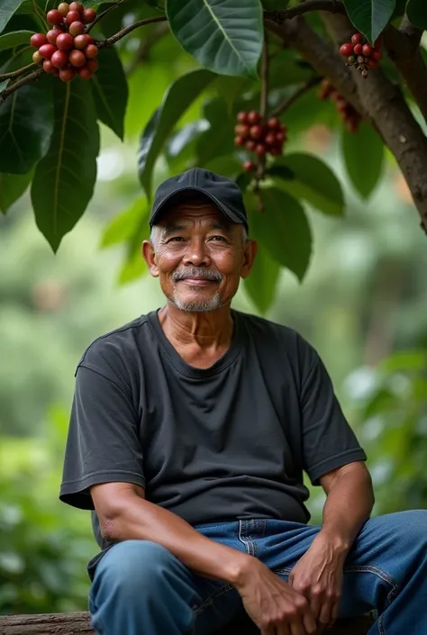  Indonesian man 46 years old , Clean Face, quite fat,  wearing a black sports cap , plain t-shirt , Blue jeans ,  thin smile expression ,  sitting alone under a coffee tree, realistic photo.full